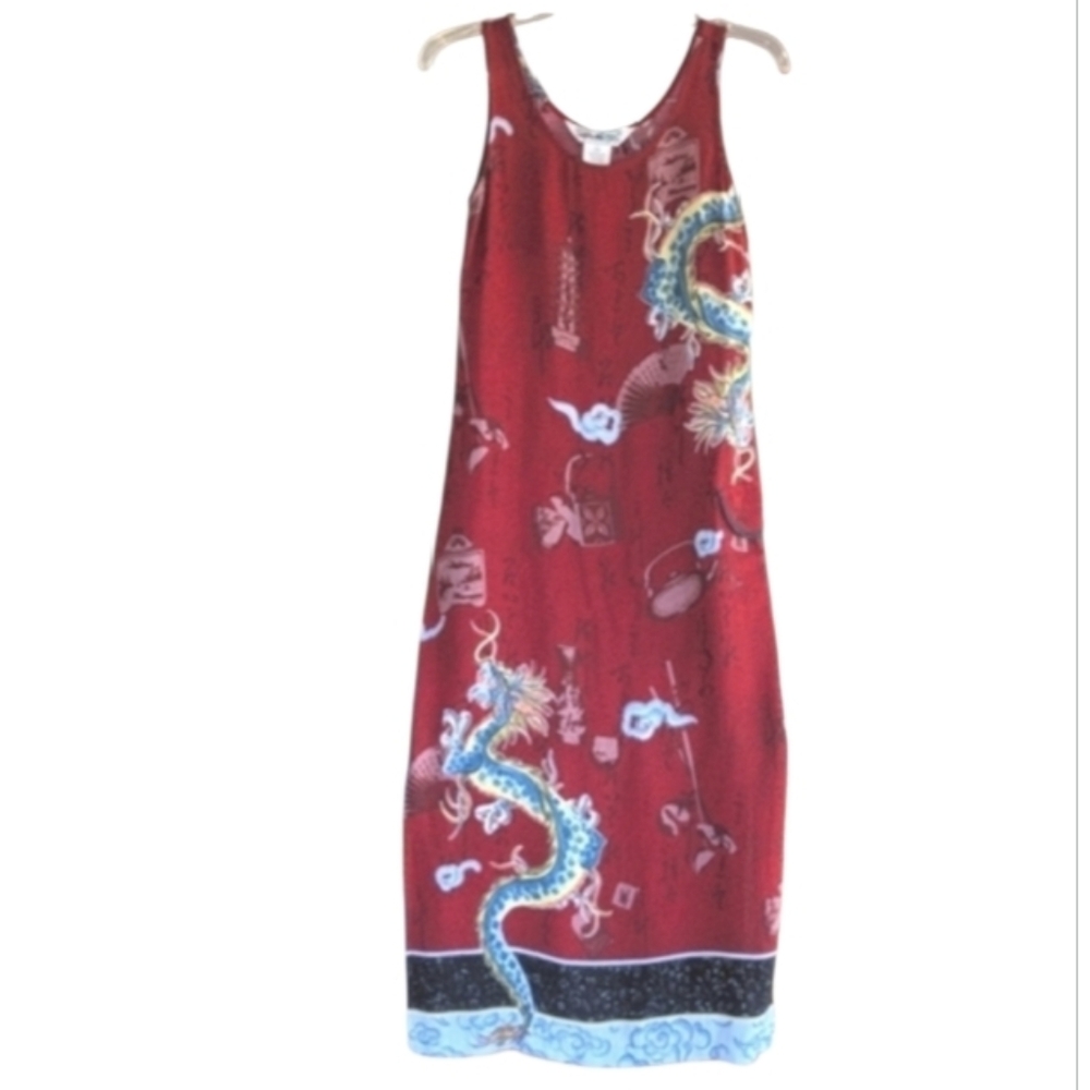 Vintage Red Sheath XS Maxi Dress with Scoop Neck Dragon Print Vacation Vibes
